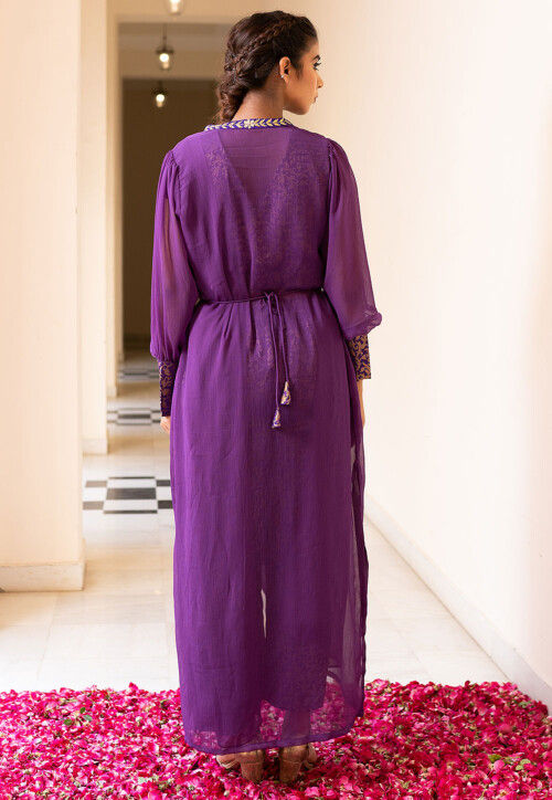 Brocade Pure Brocade Silk Crop Top Set in Purple