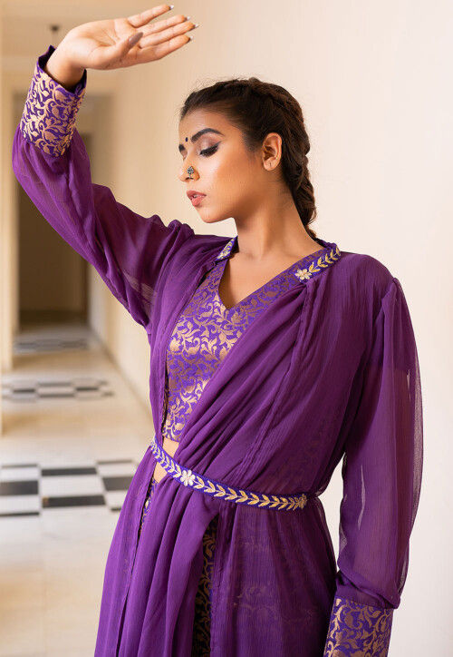 Brocade Pure Brocade Silk Crop Top Set in Purple