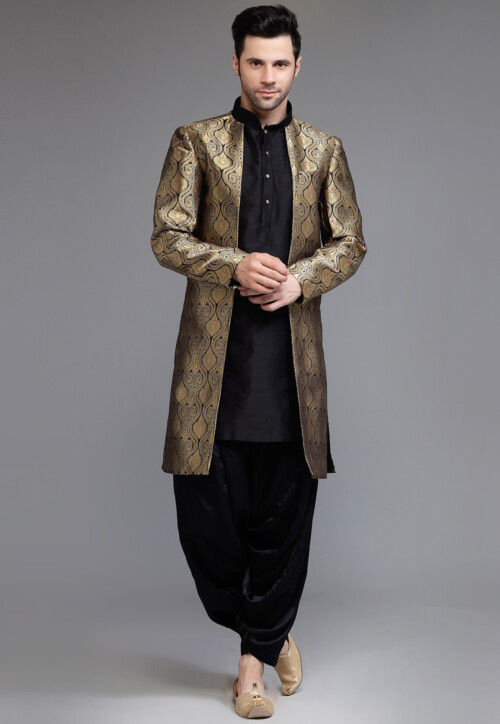 Brocade Sherwani in Black and Beige