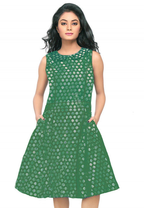 Brocade Short Dress in Dark Green