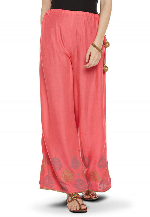 Block Printed Cotton Viscose Palazzo in Coral Pink