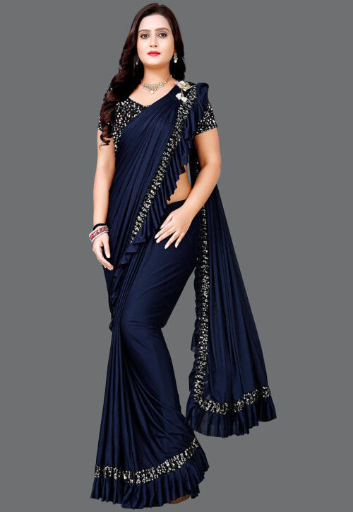 Buy Butterfly Pallu Lycra Elastane Saree in Navy Blue Online SFF2519 Utsav Fashion