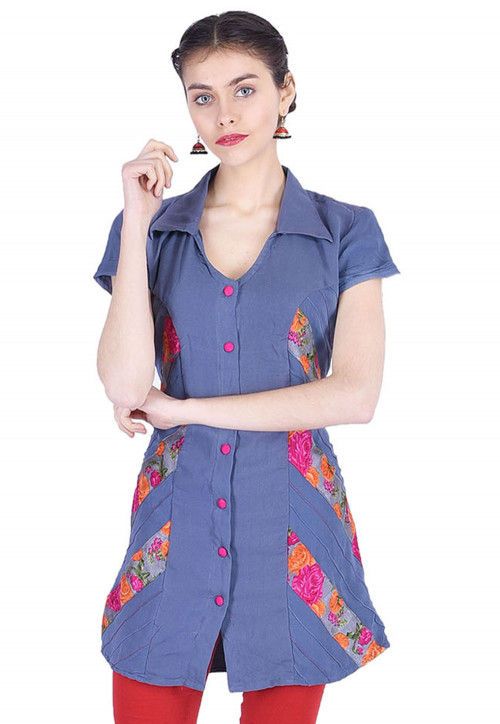Button Down Pintucked Georgette Tunic in Grey