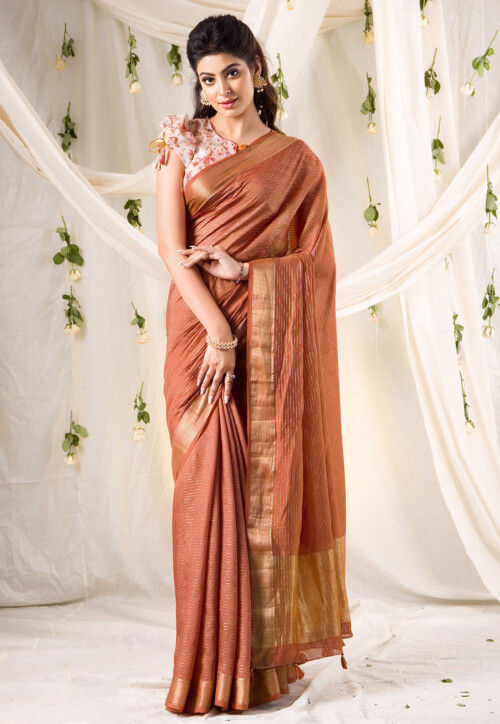 Woven Chanderi Silk Saree in Brown