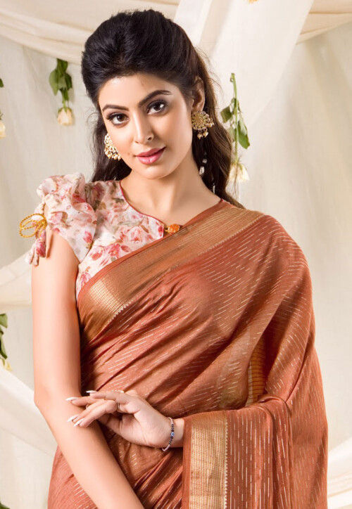 Woven Chanderi Silk Saree in Brown
