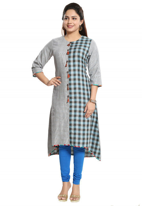 Check Printed Cotton Asymmetric Kurta in Light Grey