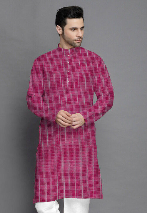 Check Printed Kota Doria Kurta in Pink