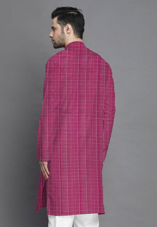 Check Printed Kota Doria Kurta in Pink