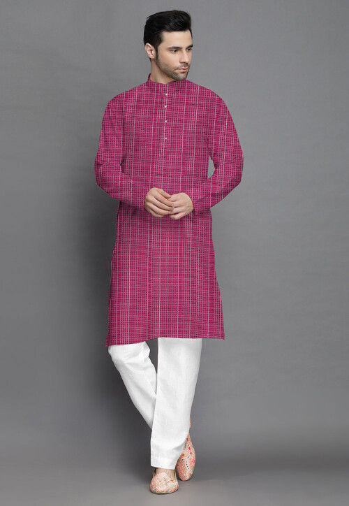 Check Printed Kota Doria Kurta in Pink