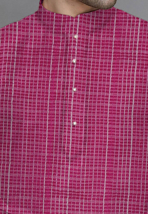 Check Printed Kota Doria Kurta in Pink
