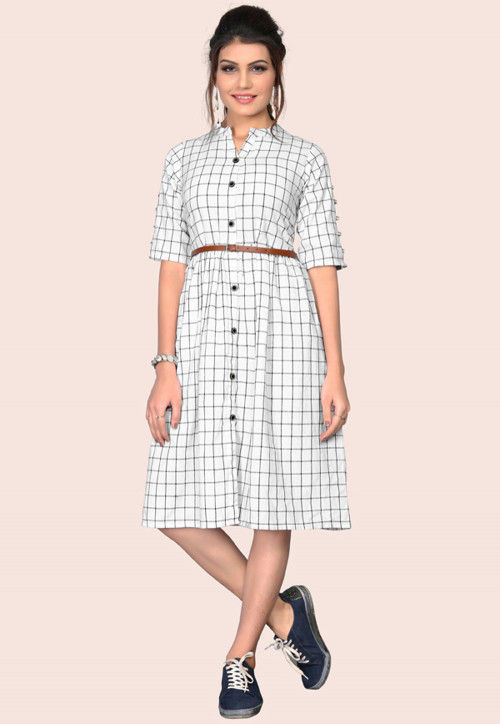 Checkered Cotton Dress in Off White