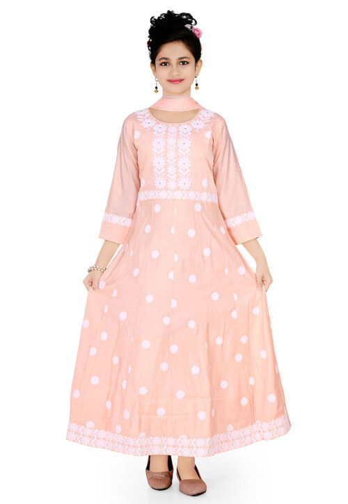 Chikankari Art Silk Gown in Peach