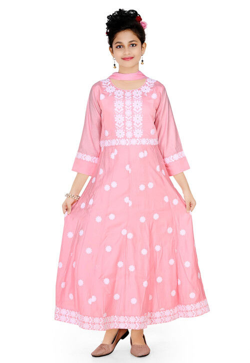 Chikankari Art Silk Gown in Pink