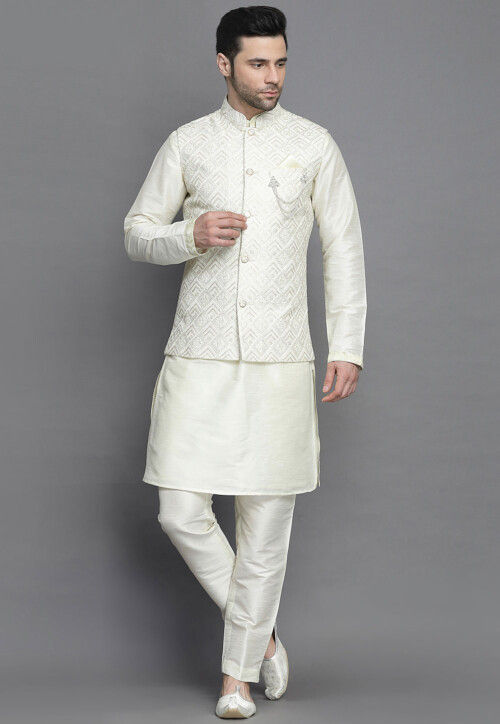 Chikankari Art Silk Kurta Jacket Set in Off White