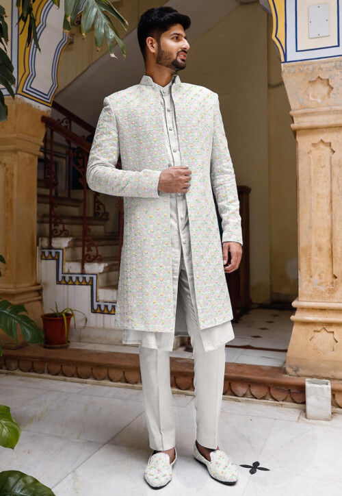 Chikankari Georgette Sherwani in Off White
