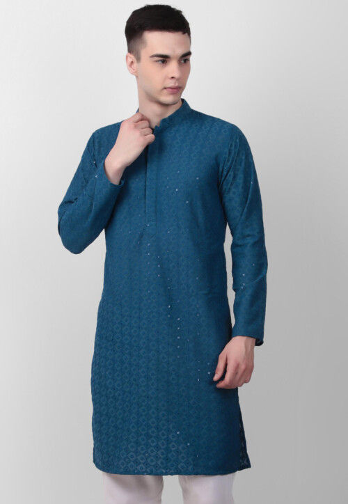 Chikankari Cotton Kurta in Teal Blue