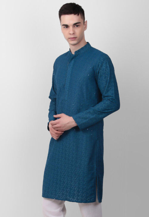 Chikankari Cotton Kurta in Teal Blue