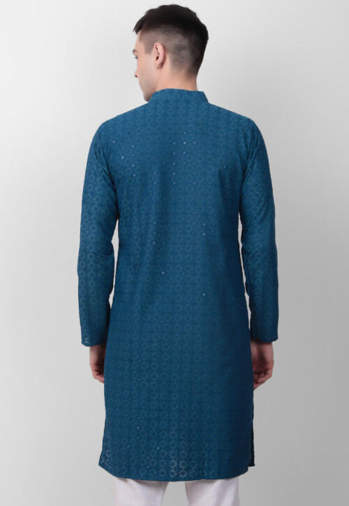 Chikankari Cotton Kurta in Teal Blue