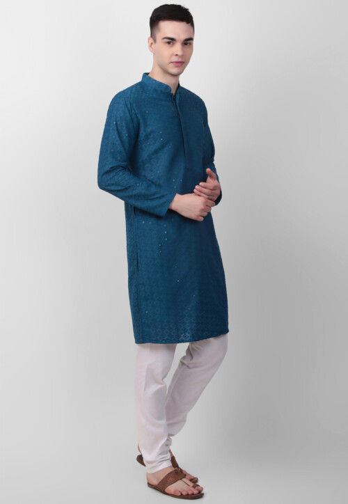 Chikankari Cotton Kurta in Teal Blue