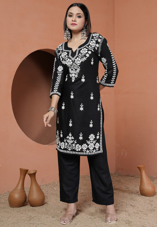 Chikankari Cotton Straight Kurta Set in Black