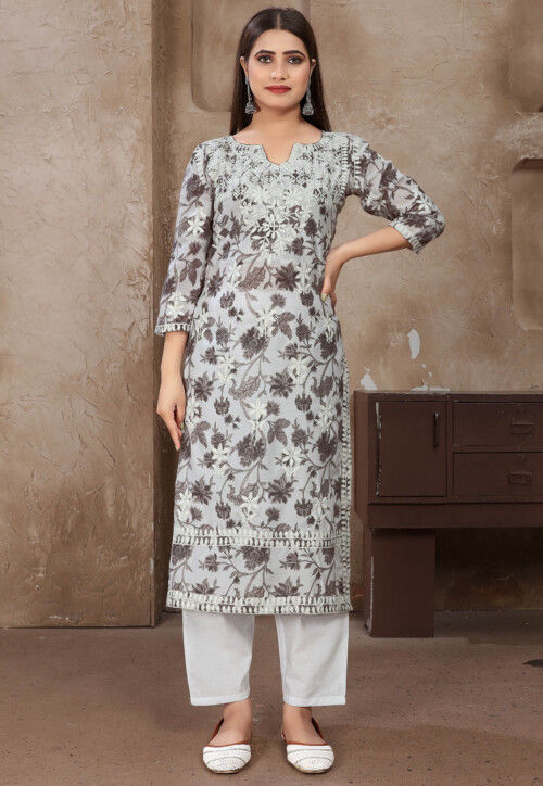 Chikankari Cotton Straight Kurta Set in Grey