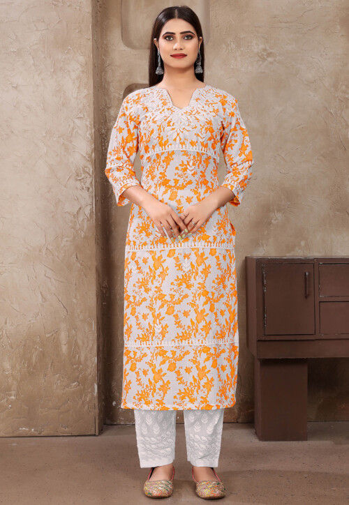Chikankari Cotton Straight Kurta Set in Off White & Orange
