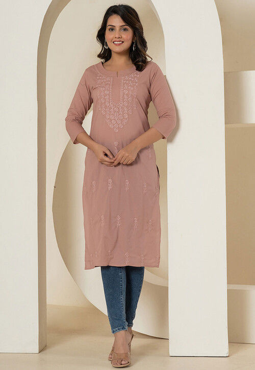 Buy Chikankari Embroidered Pure Cotton Straight Kurta in Old Rose Online TXR1245 Utsav Fashion