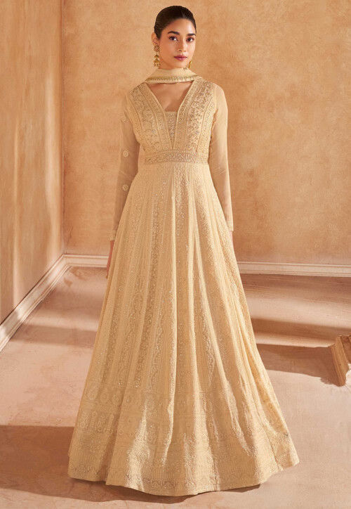 Chikankari Georgette Abaya Style Suit in Beige