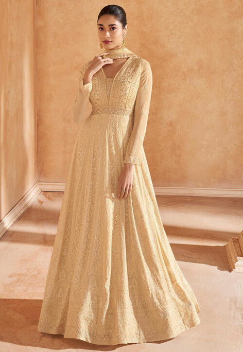 Chikankari Georgette Abaya Style Suit in Beige