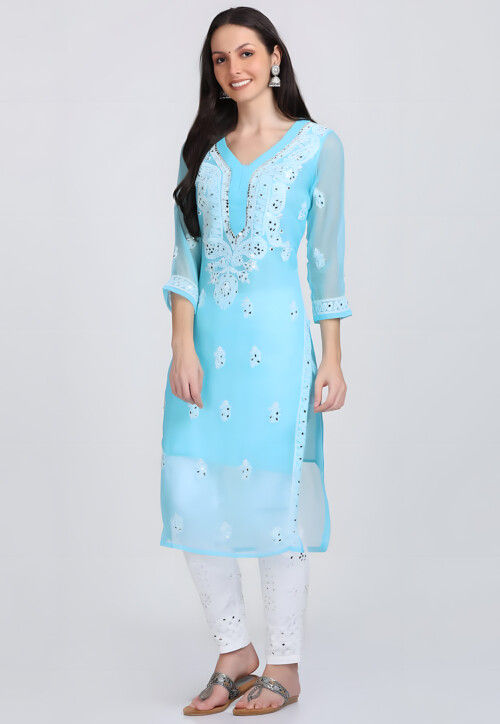 Chikankari Georgette Straight Kurta in Blue