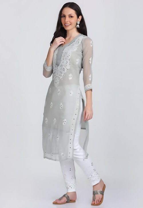 Chikankari Georgette Straight Kurta in Light Grey