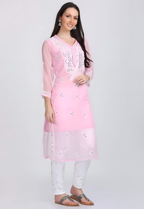 Chikankari Georgette Straight Kurta in Light Pink
