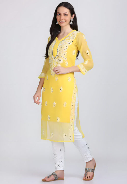 Chikankari Georgette Straight Kurta in Yellow
