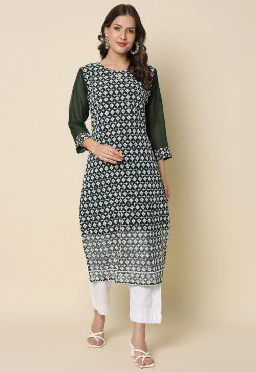 Chikankari Georgette Straight Kurta in Dark Green