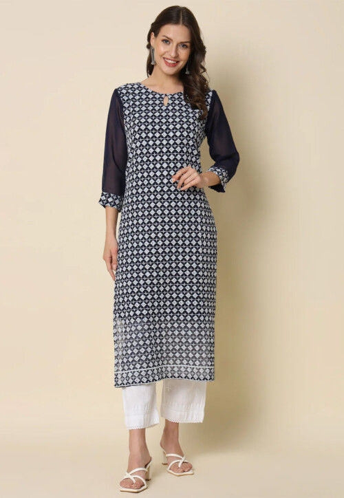 Chikankari Georgette Straight Kurta in Navy Blue