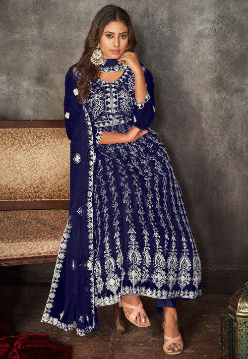 Chikankari Net Anarkali Suit in Navy Blue