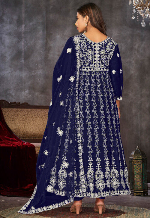 Chikankari Net Anarkali Suit in Navy Blue