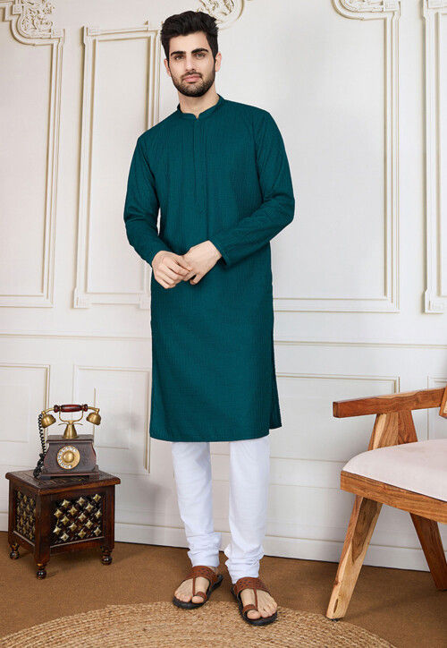 Chikankari Pure Cotton Kurta in Dark Teal Blue
