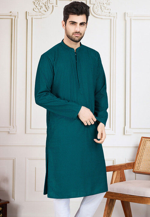 Chikankari Pure Cotton Kurta in Dark Teal Blue