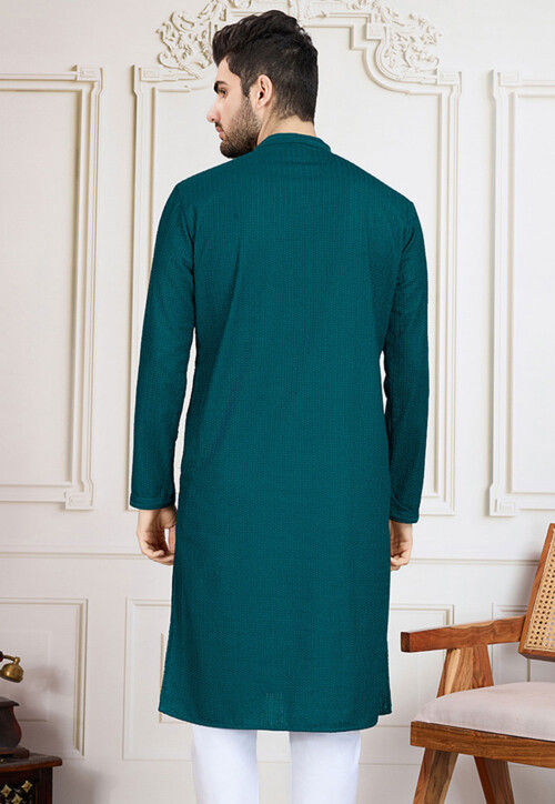 Chikankari Pure Cotton Kurta in Dark Teal Blue