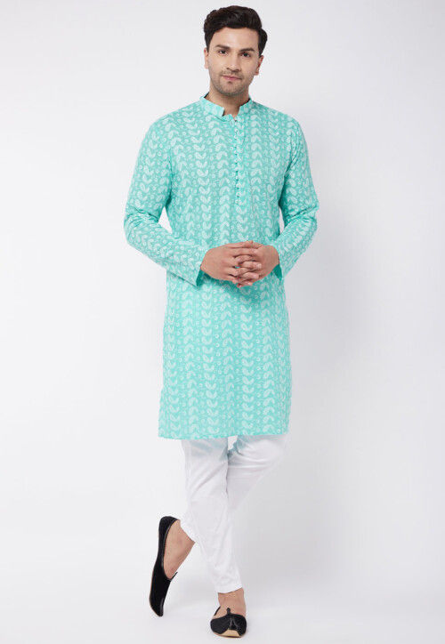 Chikankari Pure Cotton Kurta Set in Sea Green