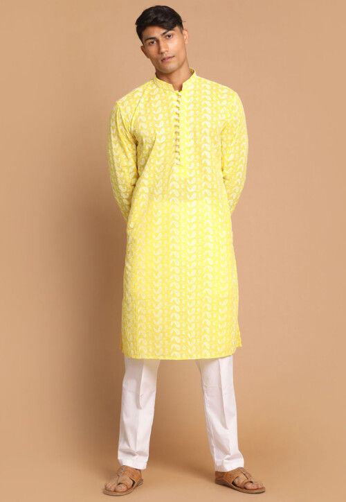 Chikankari Pure Cotton Kurta Set in Yellow