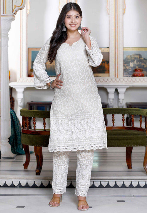white christmas dresses Pure Cotton Chikankari Hand & Pearl CutDana ,Sequence Work Unstitched –  fab-persona main image 1
