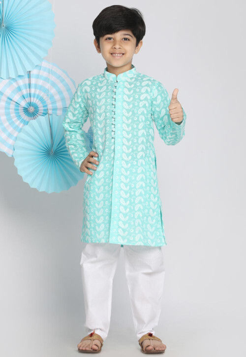Chikankari Pure Cotton Sherwani Set in Light Blue