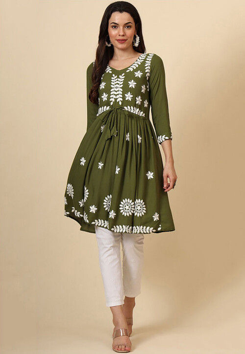 navy blue dress for baby girl Buy Chikankari Rayon A Line Kurti in Olive Green Online : TGW4282