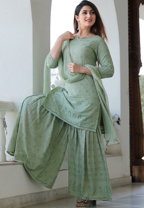Buy Chikankari Rayon Pakistani Suit in Pastel Green Online : KER126 ...