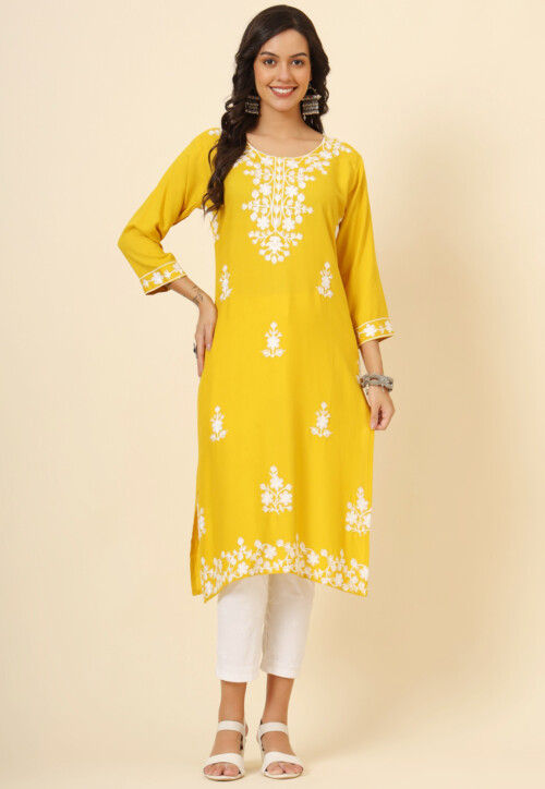 Chikankari Rayon Straight Kurta in Yellow