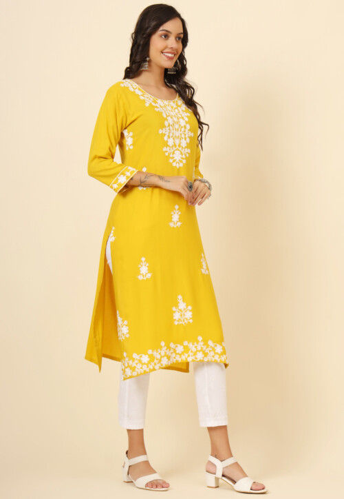 Chikankari Rayon Straight Kurta in Yellow