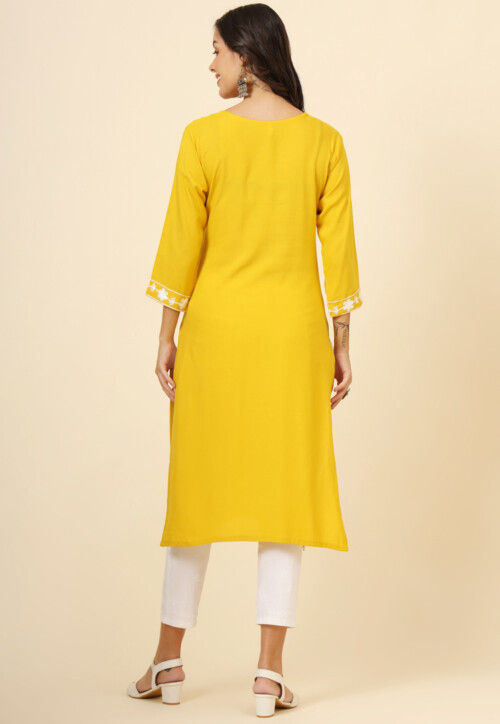 Chikankari Rayon Straight Kurta in Yellow