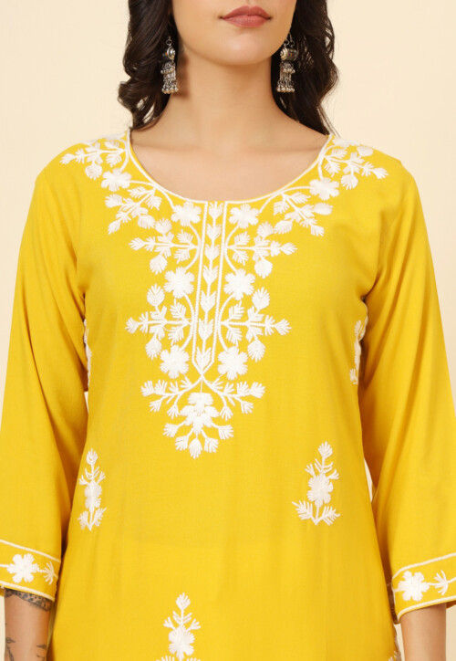 Chikankari Rayon Straight Kurta in Yellow